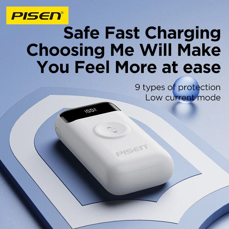 Pisen Flex 22.5W CCC-Certified 10K (10000mAh) Power Bank + Integrated Cable (Lightning + USB-C) + Watch Wireles Charging - White, 2 Year Warranty