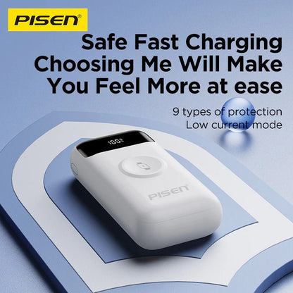 Pisen Flex 22.5W CCC-Certified 10K (10000mAh) Power Bank + Integrated Cable (Lightning + USB-C) + Watch Wireles Charging - White, 2 Year Warranty