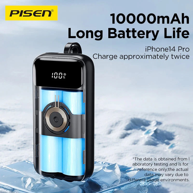 Pisen Flex 22.5W CCC-Certified 10K (10000mAh) Power Bank + Integrated Cable (Lightning + USB-C) + Watch Wireles Charging - White, 2 Year Warranty