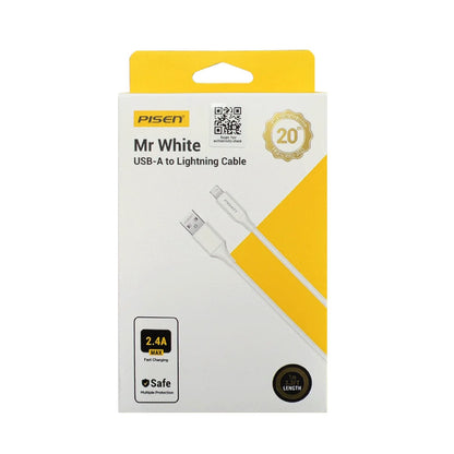 Pisen Mr White Lightning to USB-A Cable (1M) White - Fast Charge 2.4A, Stretch-Resistant, Reinforced, Strong & Durable, Apple iPhone/iPad/MacBook