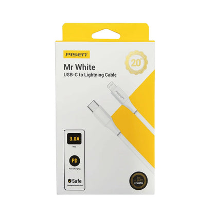 Pisen Mr White Lightning to USB-C PD Fast Charge Cable (1M) White - Support Charge 3A, Stretch-Resistant, Reinforced,Durable,Apple iPhone/iPad/MacBook