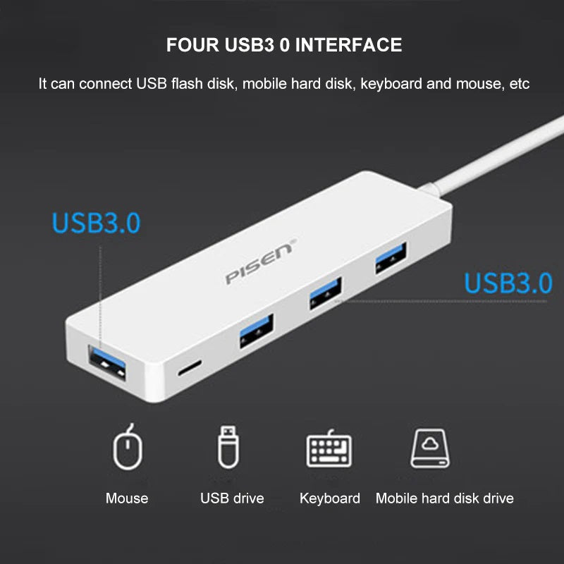 Pisen USB-C to 4xUSB-A 3.0 Charging HUB - TPE Flexible Wire, Light Indicator, Resistant to Pulling and Bending, More Durable, High-Speed Transmission