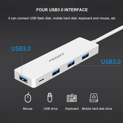Pisen USB-C to 4xUSB-A 3.0 Charging HUB - TPE Flexible Wire, Light Indicator, Resistant to Pulling and Bending, More Durable, High-Speed Transmission