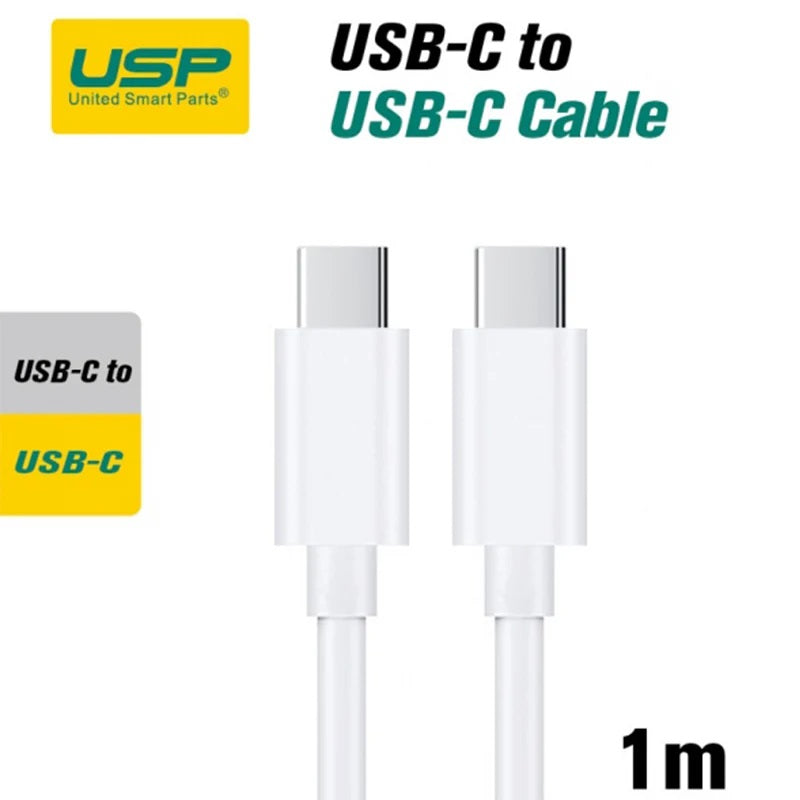 USP USB-C to USB-C 60W Mini Cable (1M) White - 3A , Fast Charge, High Performance, Durable, 8K Bend, Samsung Galaxy,Apple iPhone,iPad,MacBook,Google