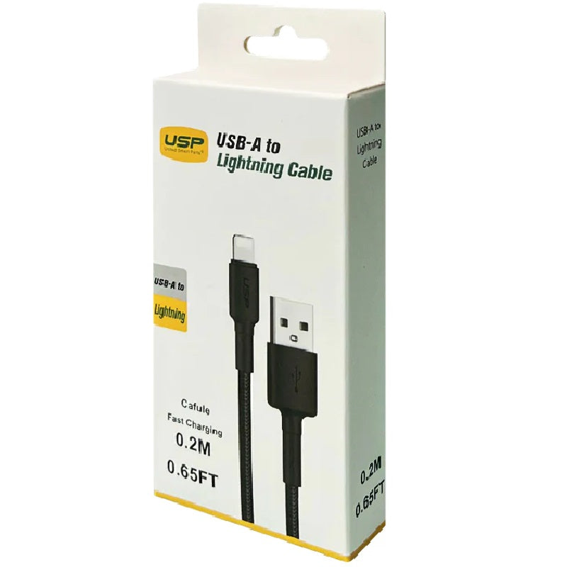 USP BoostUp Lightning to USB-A Cable (20cm) Black - Quick Charge & Connect, 2.4A Rapid Charge, Durable, Nylon Weaving, Apple iPhone/iPad/MacBook