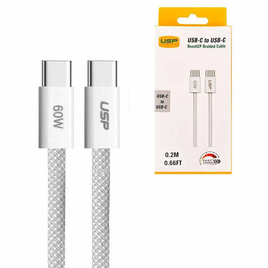USP boostUp Braided USB-C to USB-C Cable (0.2M) - White, 3A/60W, 480Mbps, 40K+ Bends, Solid & Durable, Safe & Fast, Apple iPhone, Samsung Galaxy
