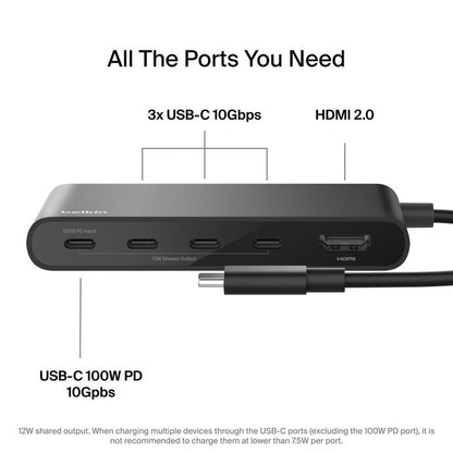 Belkin Connect USB-C to 5-Port USB-C Hub - Black (AVC021fqBK), 100W PD, 10Gbps, 1x 4K HDMI, 4x USB-C, 4K@60Hz, Fire-Resistant, 2 Years Warranty