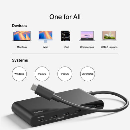 Belkin Connect USB-C to 5-Port USB-C Hub - Black (AVC021fqBK), 100W PD, 10Gbps, 1x 4K HDMI, 4x USB-C, 4K@60Hz, Fire-Resistant, 2 Years Warranty