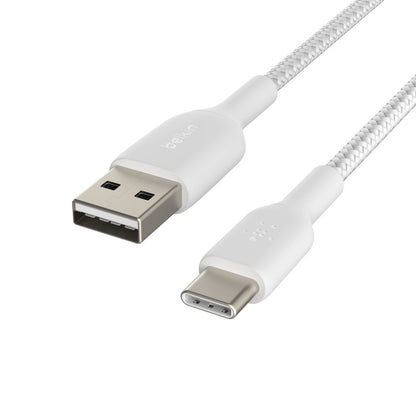 Belkin BoostCharge Braided USB-C to USB-A Cable (1M) - White (CAB002bt1MWH), 3A/15W, 480Mbps, 30K+ Bends, Apple, USB-IF Certified, 2 Years Warranty