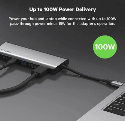 Belkin Connect USB-C 7-in-1 Multiport Hub Adapter - Space Grey (AVC009btSGY), 100W PD, 5 Gbps, 1x 4K HDMI, 2x USB-A, 1x USB-C, 1x SD, 1x 3.5mm,2 Years