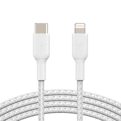 Belkin BoostCharge Braided Lightning to USB-C Cable (1M) - White (CAA004bt1MWH),3A/18W,480Mbps,30K+ Bends, Apple iPhone,MFI-Certified,2 Years Warranty