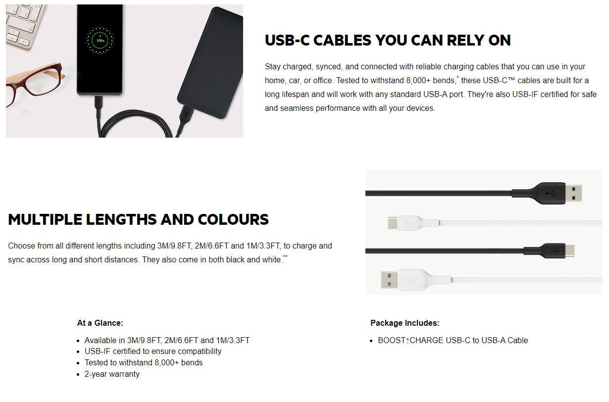 Belkin BoostCharge USB-C to USB-A Cable (1M) - White (CAB001bt1MWH), 3A/15W, 480Mbps, 25K+ Bend, Samsung Galaxy, USB-IF Certified, 2 Years Warranty