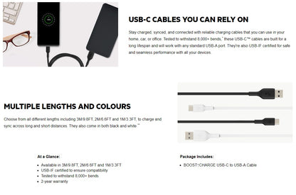 Belkin BoostCharge USB-C to USB-A Cable (1M) - White (CAB001bt1MWH), 3A/15W, 480Mbps, 25K+ Bend, Samsung Galaxy, USB-IF Certified, 2 Years Warranty