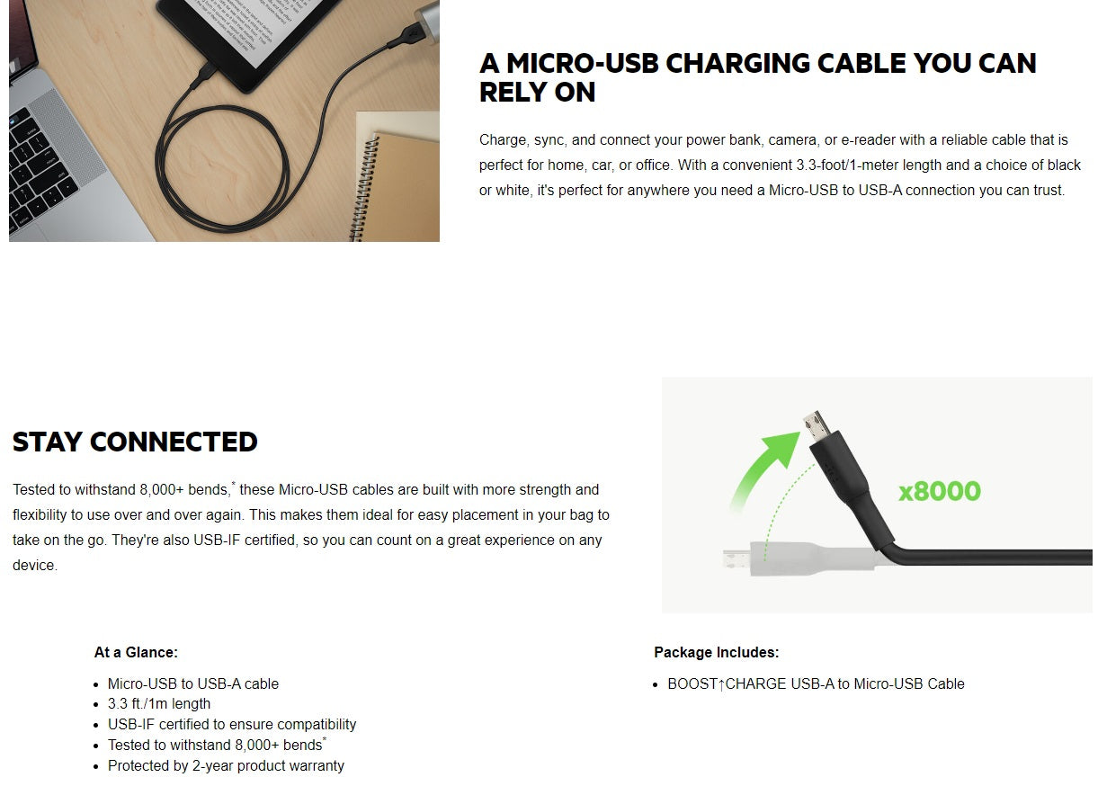 Belkin BoostCharge USB-A to Micro-USB Cable (1M) - Black (CAB005bt1MBK),7.5W,480Mbps, 25K+ Bends,Compatible With Micro-USB Device.2 Years Warranty