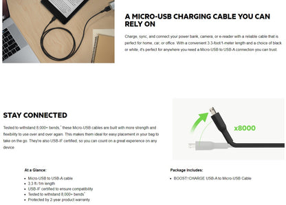 Belkin BoostCharge USB-A to Micro-USB Cable (1M) - Black (CAB005bt1MBK),7.5W,480Mbps, 25K+ Bends,Compatible With Micro-USB Device.2 Years Warranty