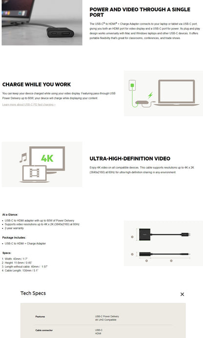 Belkin USB-C to HDMI + Charge Adapter + USB-C  Cable (13CM) - Black (AVC002btBK), 60W, Supports Video Resolutions up to 4K, 2 Years Warranty