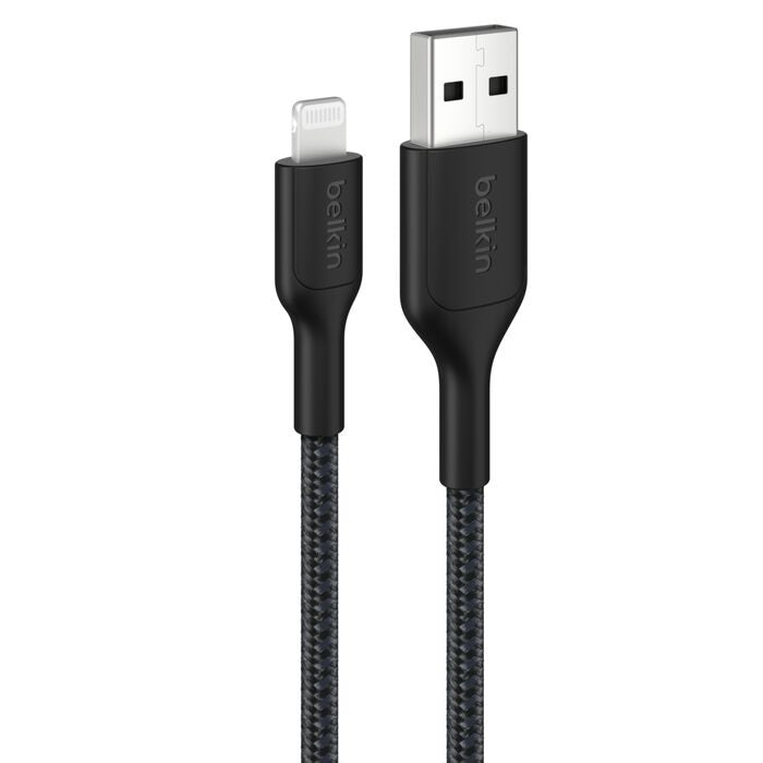 Belkin BoostCharge Pro Braided Lightning to USB-A Cable (2M) - Black (CAA020FQ2MBK), 2.4A/15W, 480Mbps, 350K Bends, MFI-Certified, 2 Years Warranty