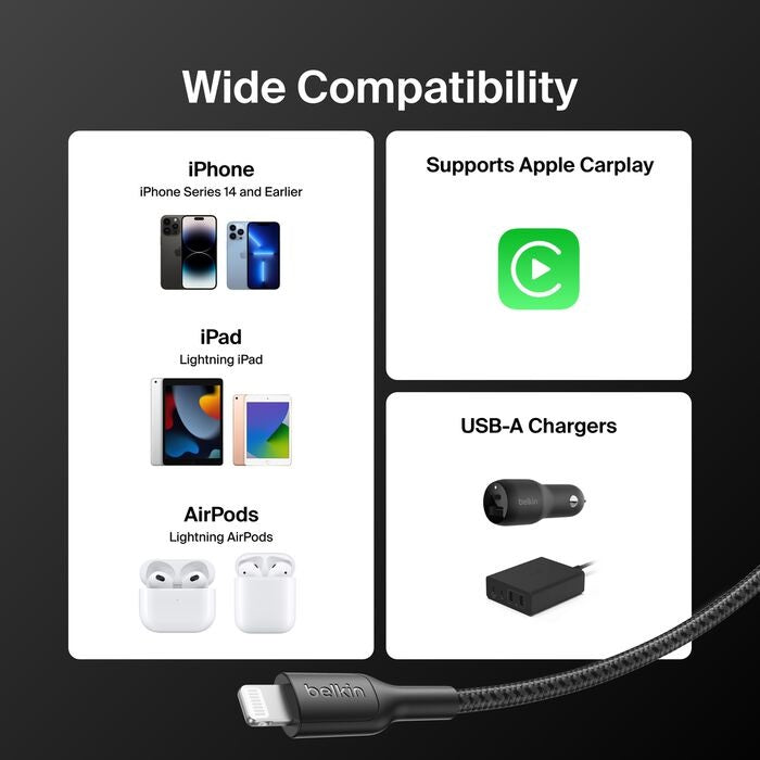 Belkin BoostCharge Pro Braided Lightning to USB-A Cable (2M) - Black (CAA020FQ2MBK), 2.4A/15W, 480Mbps, 350K Bends, MFI-Certified, 2 Years Warranty