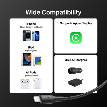 Belkin BoostCharge Pro Braided Lightning to USB-A Cable (2M) - Black (CAA020FQ2MBK), 2.4A/15W, 480Mbps, 350K Bends, MFI-Certified, 2 Years Warranty