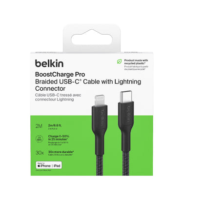 Belkin Boostcharge Pro Braided Lightning to USB-C Cable (2M) - Black (CAA022FQ2MBK),3A/15W, 480Mbps,350K+ Bends,Apple, MFI-Certified, 2 Years Warranty