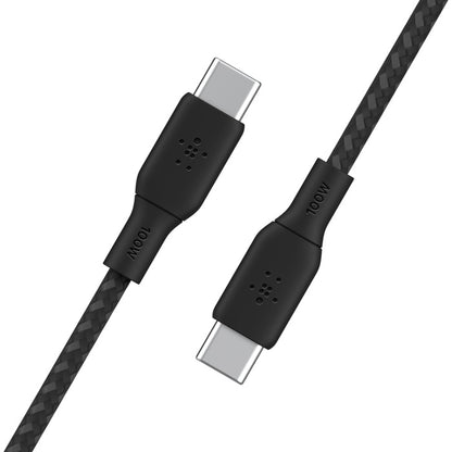Belkin BoostCharge Braided USB-C to USB-C Cable (3M) - Black (CAB014bt3MBK), 5A/100W, 480Mbps, 30K+ Bends, Apple, USB-IF Certified, 2 Years Warranty