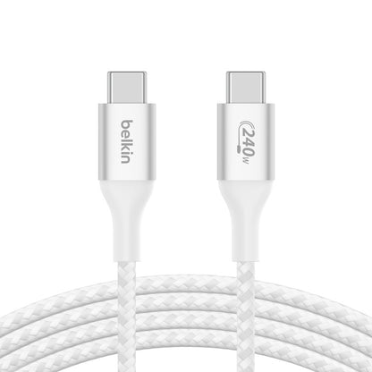 Belkin BoostCharge Braided USB-C to USB-C PD 3.1 Cable (2M) - White (CAB015bt2MWH), 5A/240W, 480Mbps, 30K+ Bends, Apple iPhone, 2 Years Warranty