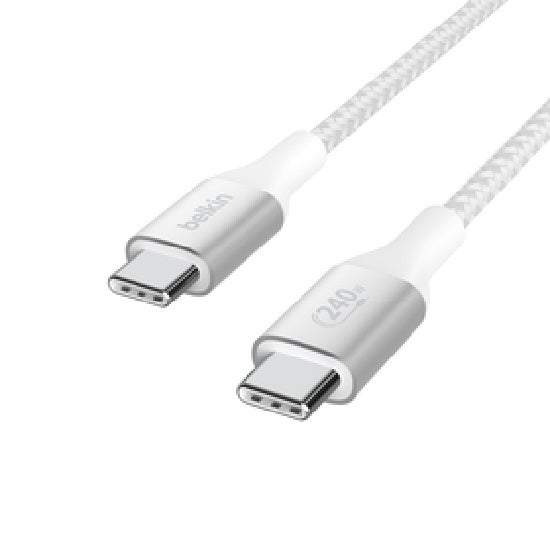 Belkin BoostCharge Braided USB-C to USB-C PD 3.1 Cable (2M) - White (CAB015bt2MWH), 5A/240W, 480Mbps, 30K+ Bends, Apple iPhone, 2 Years Warranty