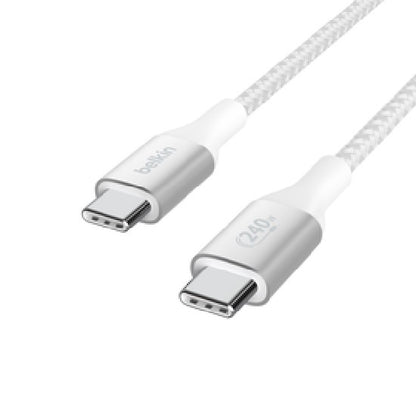 Belkin BoostCharge Braided USB-C to USB-C PD 3.1 Cable (2M) - White (CAB015bt2MWH), 5A/240W, 480Mbps, 30K+ Bends, Apple iPhone, 2 Years Warranty