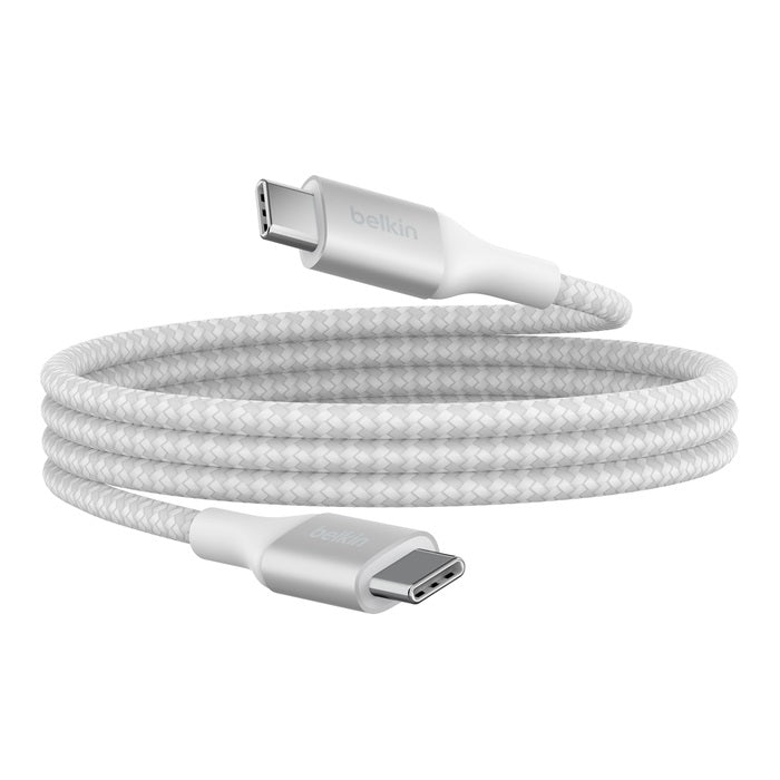 Belkin BoostCharge Braided USB-C to USB-C PD 3.1 Cable (2M) - White (CAB015bt2MWH), 5A/240W, 480Mbps, 30K+ Bends, Apple iPhone, 2 Years Warranty