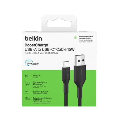 Belkin BoostCharge USB-C to USB-A Cable (1M) - Black (CAB021fq1MBK),3A/15W, 480MBPS, 300K+ Bends, Apple, Samsung, USB-IF Certified,2 Years Warranty