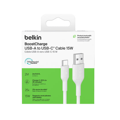 Belkin BoostCharge USB-C to USB-A Cable (2M) - White (CAB021fq2MWH),3A/15W, 480MBPS, 300K+ Bends, Apple, Samsung, USB-IF Certified,2 Years Warranty
