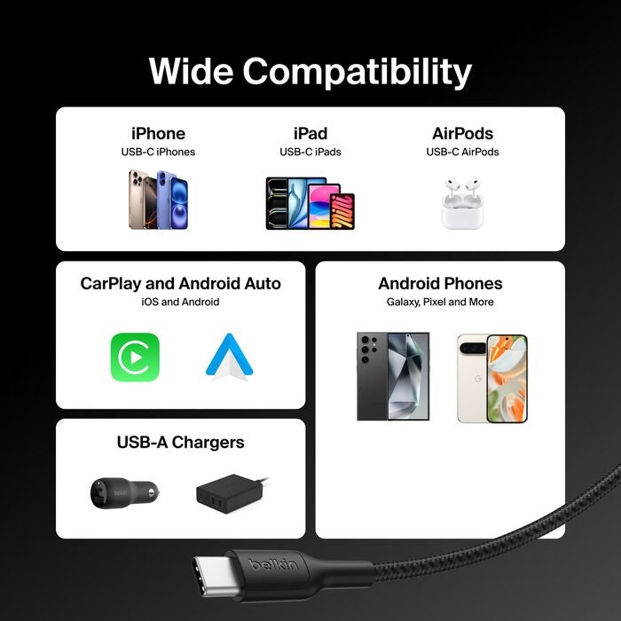 Belkin BoostCharge Pro Braided USB-C to USB-A Cable (1M) - Black (CAB022fq1MBK), 3A/15W, 480Mbps, 350K+ Bends, Apple,USB-IF Certified,2 Years Warranty