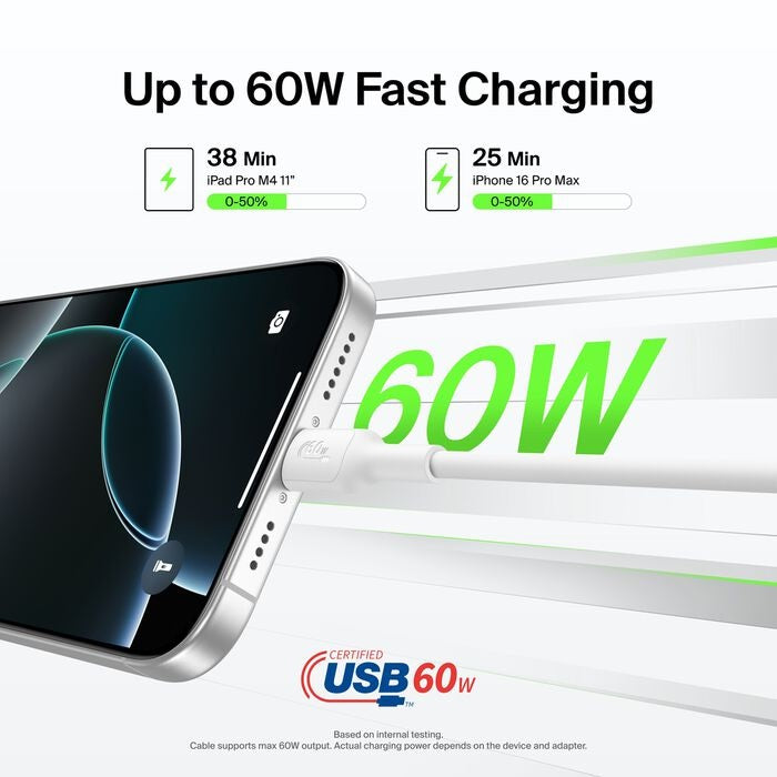 Belkin BoostCharge USB-C to USB-C Cable (1M) - White (CAB023fq1MWH), 3A/60W, 480Mbps, 300K+ Bends, Apple iPhone ,USB-IF Certified,2 Years Warranty
