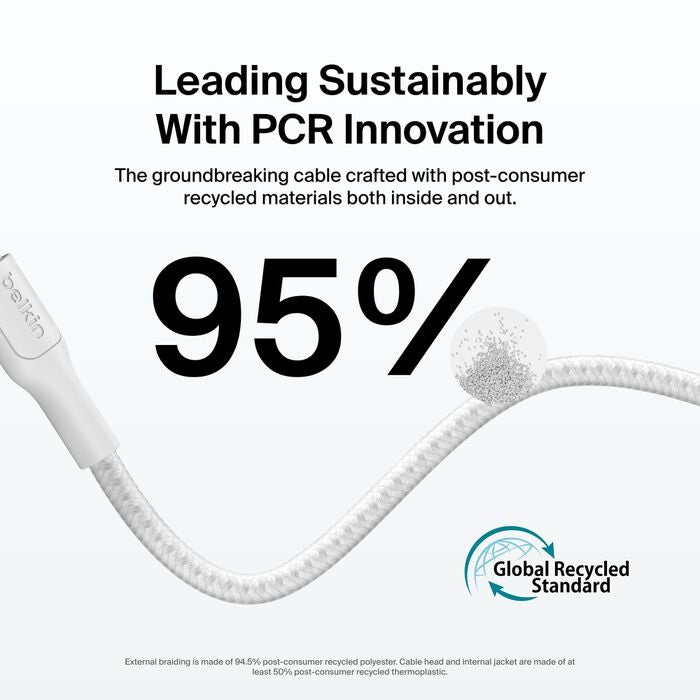 Belkin BoostCharge Pro Braided USB-C to USB-C Cable (1M) - White (CAB025fq1MWH), 5A/240W, 480Mbps, 350K+ Bend, USB-IF Certified, 2 Years Warranty