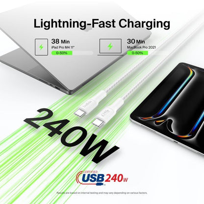 Belkin BoostCharge Pro Braided USB-C to USB-C Cable (2M) -White (CAB025fq2MWH), 5A/240W, 480Mbps, 350K+ Bend, USB-IF Certified, 2 Years Warranty