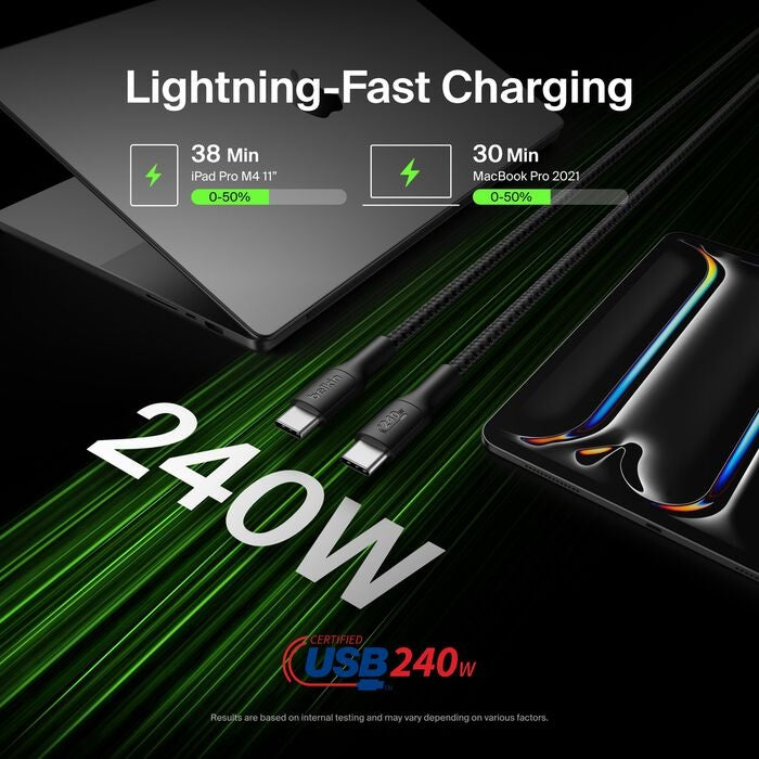 Belkin BoostCharge Pro Braided USB-C to USB-C Cable (3M) - Black (CAB025fq3MBK), 5A/240W, 480Mbps, 350K+ Bend, USB-IF Certified, 2 Years Warranty