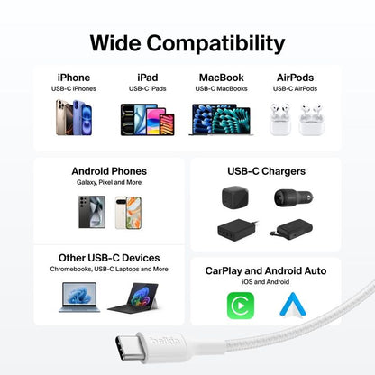 Belkin BoostCharge Pro Braided USB-C to USB-C Cable (3M) - White (CAB025fq3MWH), 5A/240W, 480Mbps, 350K+ Bend, USB-IF Certified, 2 Years Warranty