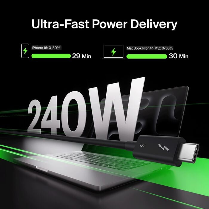 Belkin Connect Thunderbolt 5 USB-C to USB-C Cable (1M) - Black (INZ005fq1MBK), 5A/240W, 80Gbps, 8K or 4K@540Hz, Durable, 2 Years Warranty