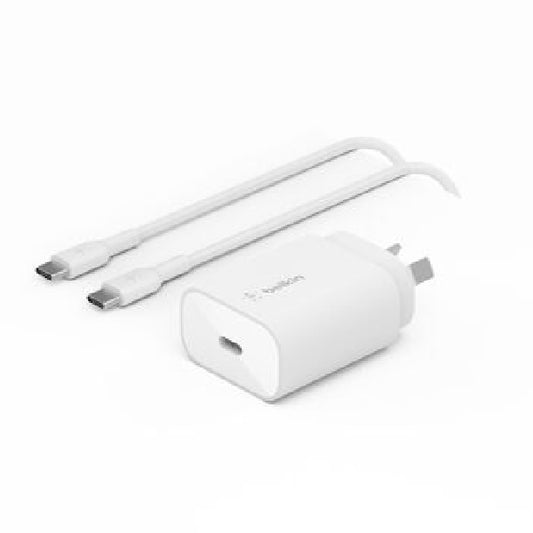 Belkin BoostCharge 25W USB-C Cubic Wall Charger + USB-C to USB-C Cable (1M) - White (WCA012au1MWH-B6), MFI-Certified, CEW $2500, 2 Years Warranty