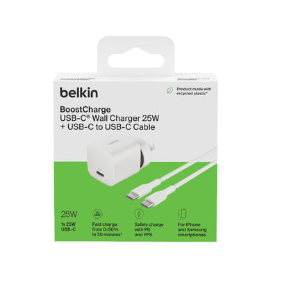 Belkin BoostCharge 25W USB-C Cubic Wall Charger + USB-C to USB-C Cable (1M) - White (WCA012au1MWH-B6), MFI-Certified, CEW $2500, 2 Years Warranty