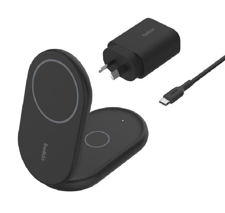 Belkin BoostCharge 2-in-1 Magnetic Foldable Qi2 Wireless Charger + 36W Wall Charger + USB-C Cable (1.5M) - Black (WIZ028auBK),15W, 2 Years Warranty