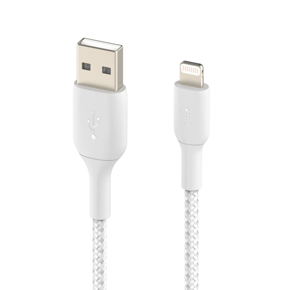 Belkin BoostCharge Braided Lightning to USB-A Cable (1M) - White (CAA002bt1MWH), 2.4A/12W, 480Mbps, 30K+ Bends, MFI-Certified, 2 Years Warranty