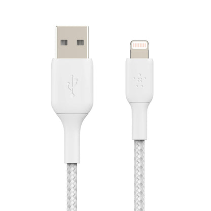Belkin BoostCharge Braided Lightning to USB-A Cable (1M) - White (CAA002bt1MWH), 2.4A/12W, 480Mbps, 30K+ Bends, MFI-Certified, 2 Years Warranty