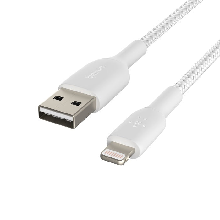 Belkin BoostCharge Braided Lightning to USB-A Cable (1M) - White (CAA002bt1MWH), 2.4A/12W, 480Mbps, 30K+ Bends, MFI-Certified, 2 Years Warranty