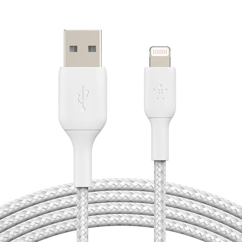 Belkin BoostCharge Braided Lightning to USB-A Cable (2M) - White (CAA002bt2MWH), 2.4A/12W, 480Mbps, 30K+ Bends, MFI-Certified, 2 Years Warranty