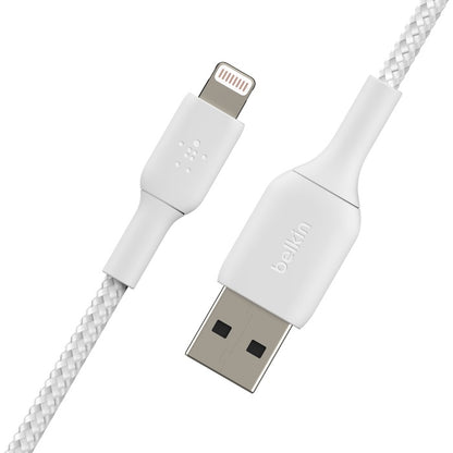 Belkin BoostCharge Braided Lightning to USB-A Cable (2M) - White (CAA002bt2MWH), 2.4A/12W, 480Mbps, 30K+ Bends, MFI-Certified, 2 Years Warranty