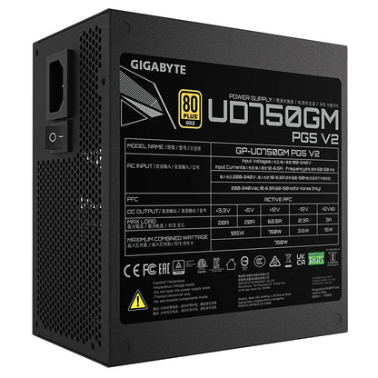 Gigabyte UD750GM PG5 V2, 750W ATX PSU Power Supply  80+ Gold 90%  Black Embossed Cables 100-240 Vac  100K Hrs (NEW)