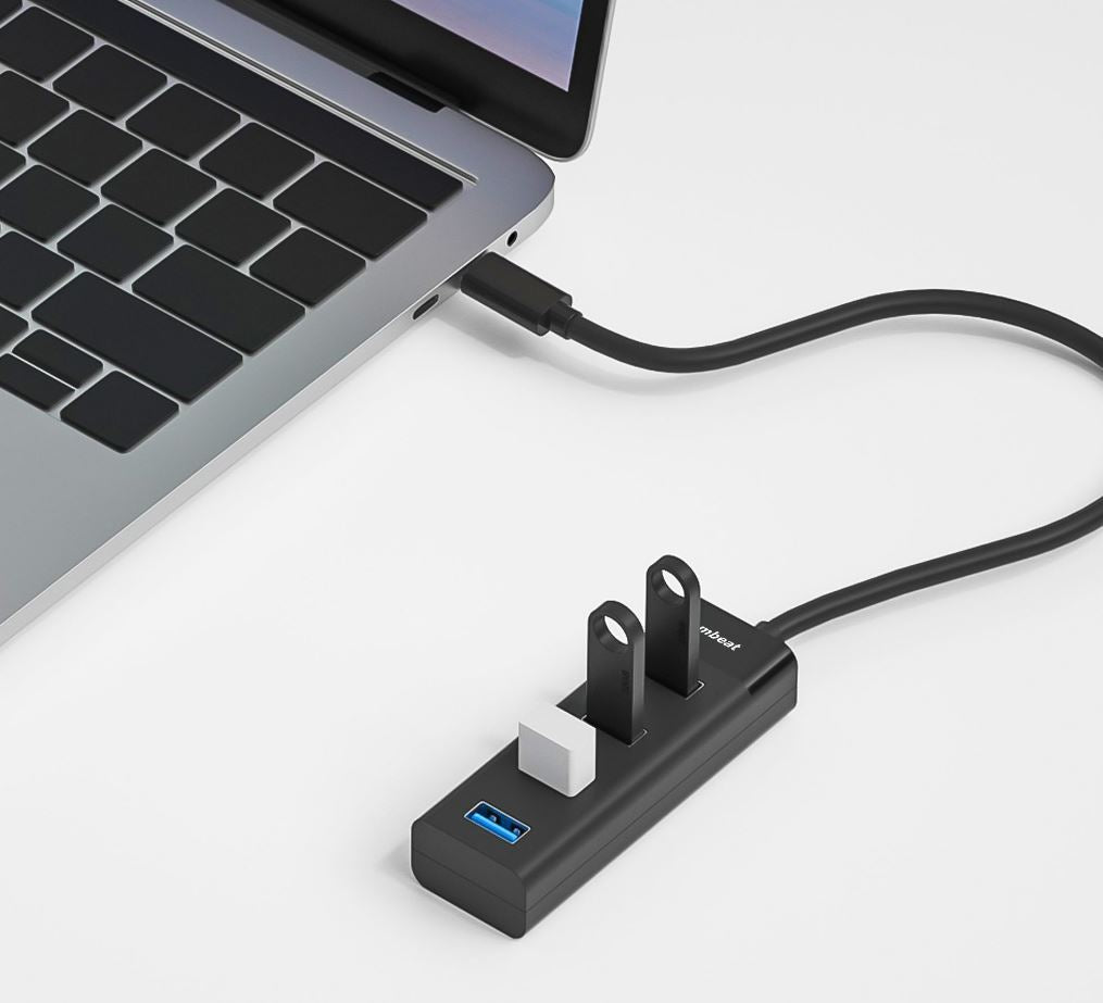 mbeat® USB-C to 4-Port 3.0 Hub - Black USB 3.0 transfer speeds up to 5Gbps Material: ABS Plastic Cable Length: 200mm Weights: 36g