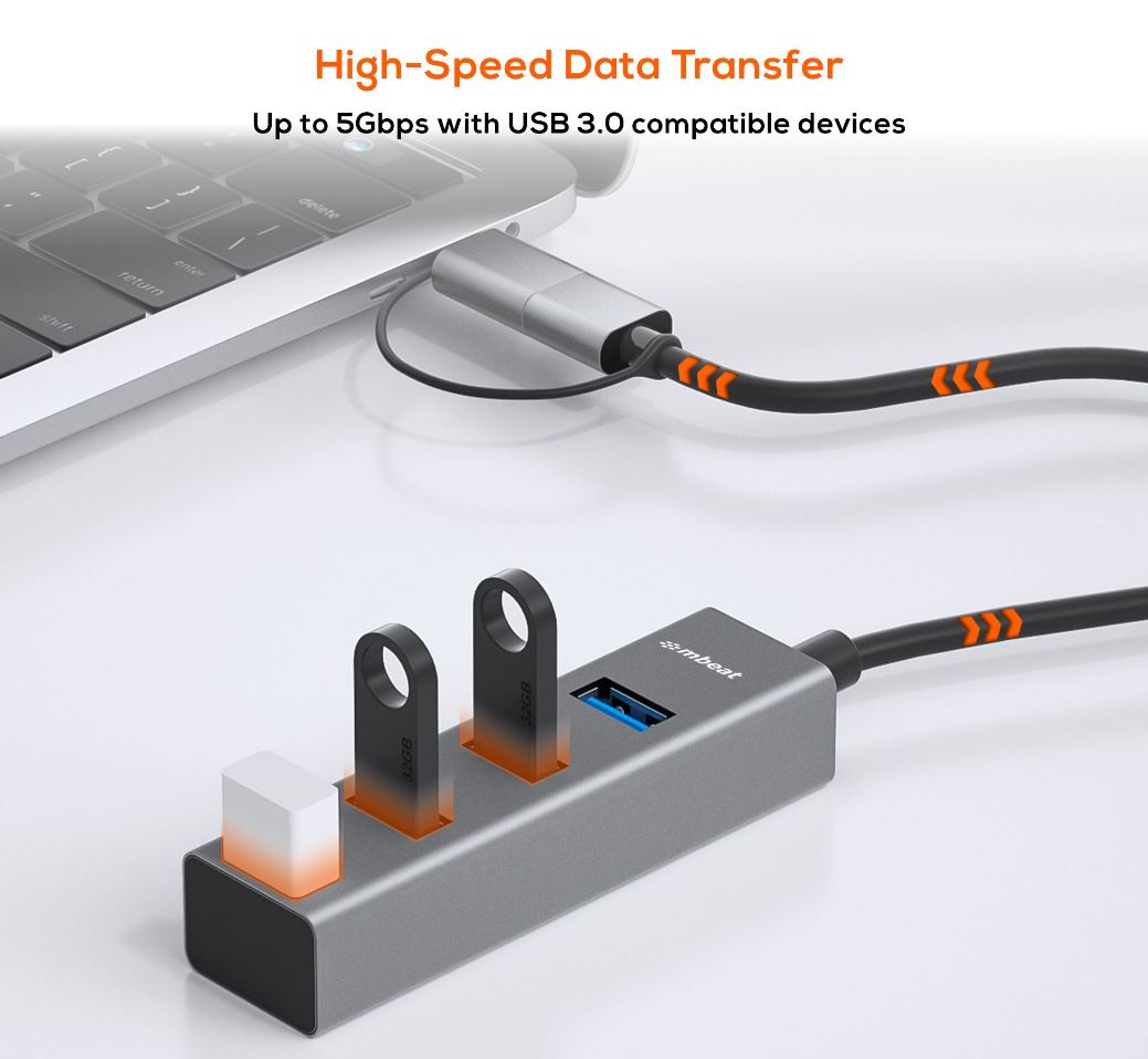 mbeat® 4-Port USB 3.0 Hub with 2-in-1 USB 3.0 & USB-C Converter - Space Grey transfer speeds up to 5Gbps  Material: Aluminium Weight: 48g