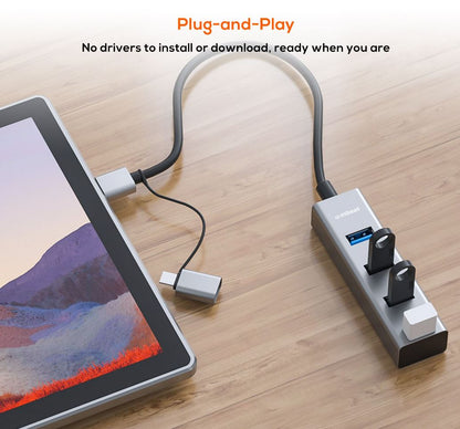 mbeat® 4-Port USB 3.0 Hub with 2-in-1 USB 3.0 & USB-C Converter - Space Grey transfer speeds up to 5Gbps  Material: Aluminium Weight: 48g